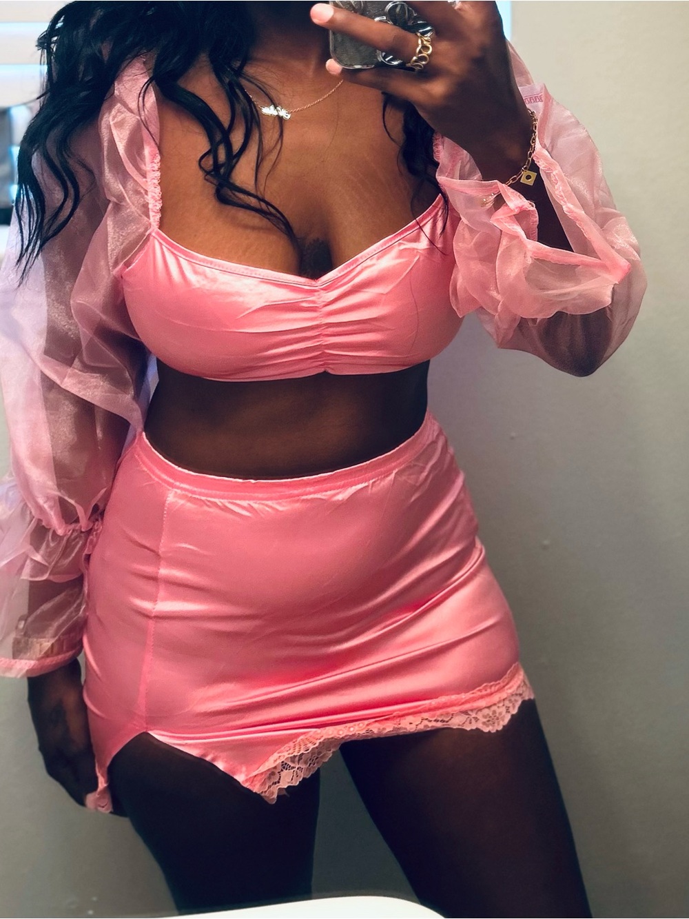 Satin Pink Two-Piece Lingerie Set with Sheer Sleeves